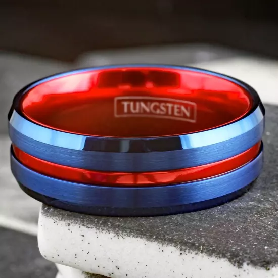 Blue Tungsten Carbide Men's Thin Red Line Wedding Band Ring - Superhero Colors