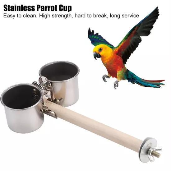 Stainless Steel Bird Food Water Bowl Feeder Cups with Clip and Parrot Cage Stand