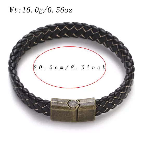 Genuine Leather Braided Bracelet Magnetic Buckle Band Men Stainless Steel Bangle