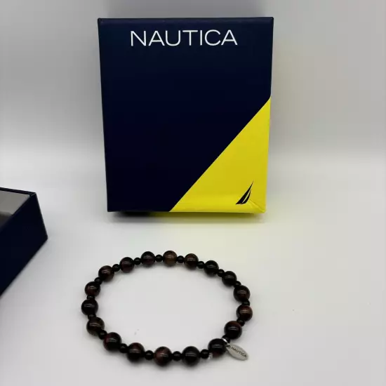 Nautica Bracelet Brown Tiger Eye Men Stone Stainless Steel Beaded Bracelet