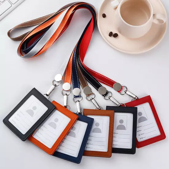 Leather ID Holders Case PU Business Badge Card Holder with Neck Strap Lanyard Ⓗ