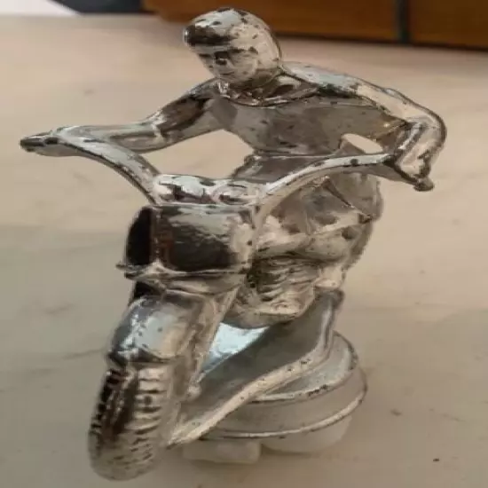 Vtg Motorcycle BMX Trophy Topper Silver Metal Figurine