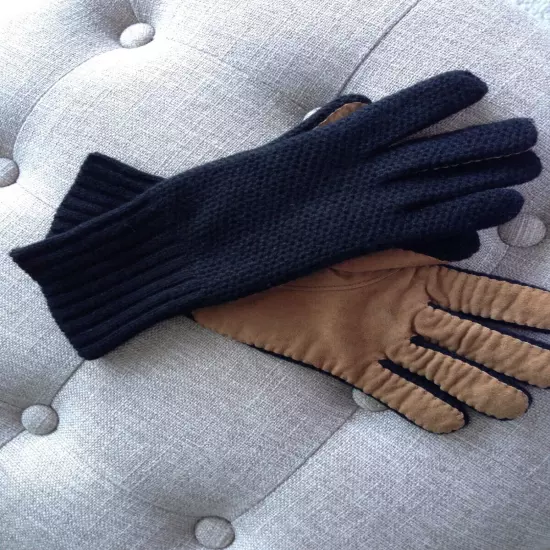 Made in Italy gloves black cashmere tan leather suede winter palms used sz 6.5