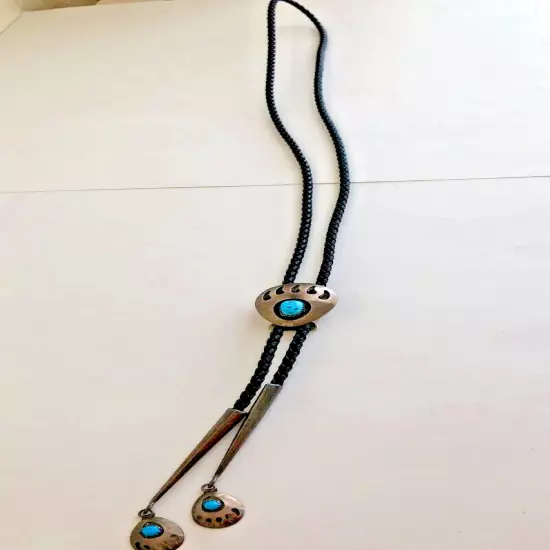 Vintage Bolo Tie Shadow Box Bear Claw Turquoise & Silver Leather Western Navajo