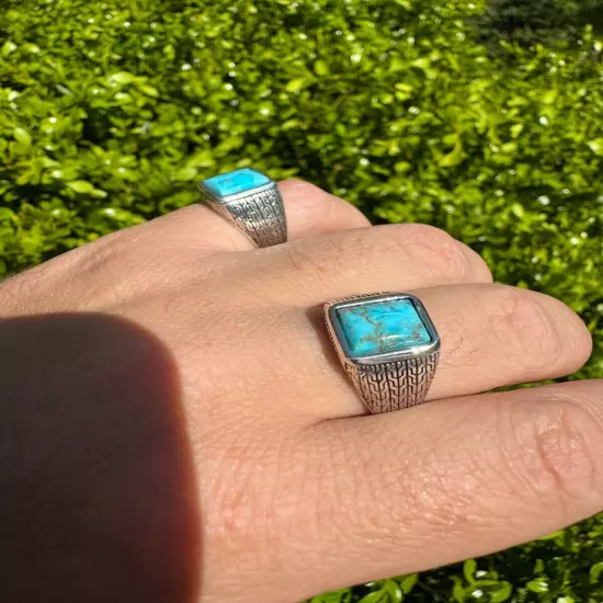 Blue Turquoise Mens Real Solid 925 Silver Navajo Native American Inspired Ring