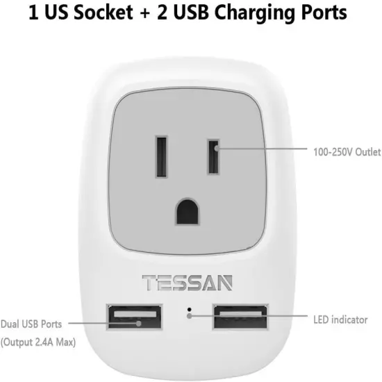 Germany France Travel Power Adapter, Schuko European Plug with 2 USB, Type E F O