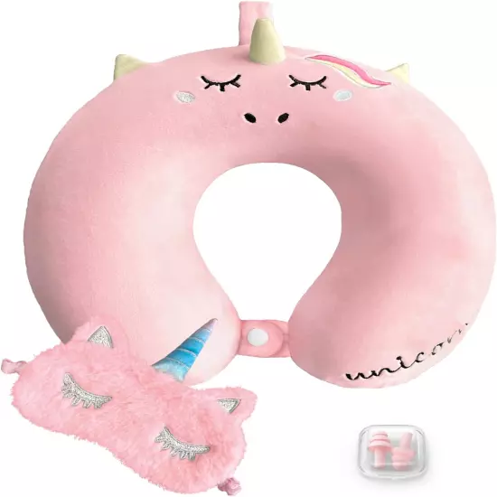 Neck Travel Pillow for Kids, Unicorn Airplane Memory Foam Pillow with Cute Sleep