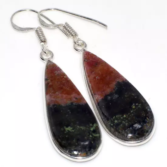 Rhodonite 925 Silver Plated Gemstone Handmade Earrings 2" Superb Jewelry MJ