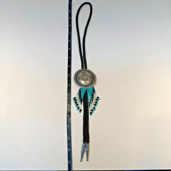 Southwestern Bolo Tie, Hammered silvertone metal with beading