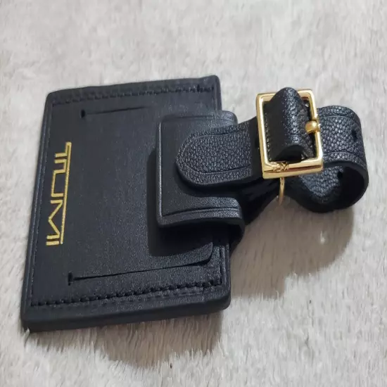 New Tumi Black Leather Luggage Name Tag with Gold-Tone Buckle