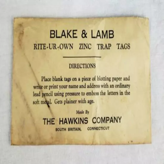 Antique Vintage NOS Blake & Lamb Rite-Ur-Own Zinc Trap Tags Hawkins Co Trapping