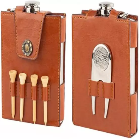 Golf Flask Gift Set - 7oz Flask with Leather Case - Golf Accessories for Men