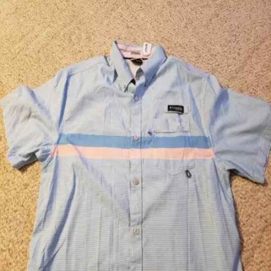 Columbia PFG Shirt Vented Button Down Mens Medium Blue Pink Striped Short Sleeve