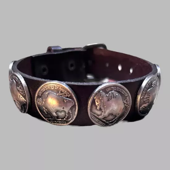 Western Buffalo Nickel Concho Brown Leather Bracelet Wristband Cuff Fashion*