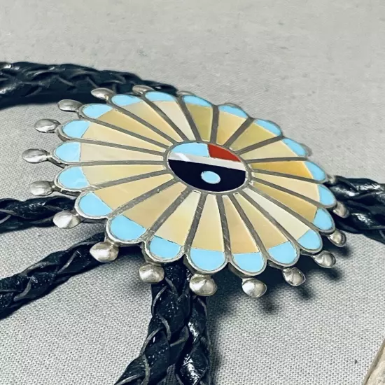 EXCEPTIONAL VINTAGE ZUNI INLAY BLUE GEM TURQUOISE CORAL SUNFACE SILVER BOLO