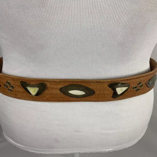 Moroccan BOHO Leather Medallion Belt Vintage Silver Plate Tan Fits 31”-37”