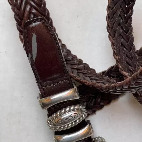 Brighton Belt Womens 28 Braided Woven Brown Boho Western Silver Tone Buckle