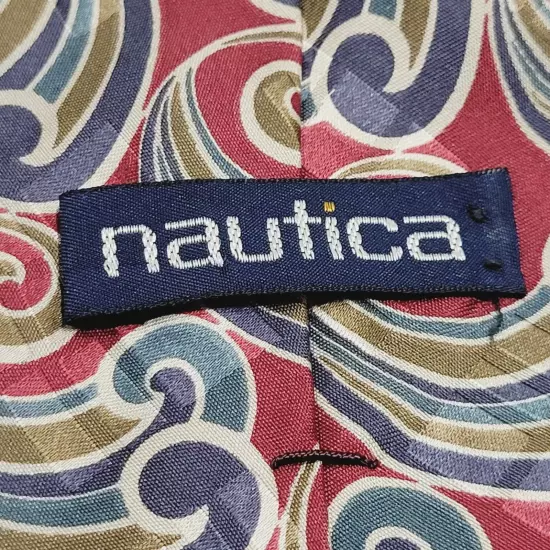 Nautica Classic Silk Necktie USA Made Paisley Swirls Whorls Maroon Olive Blues