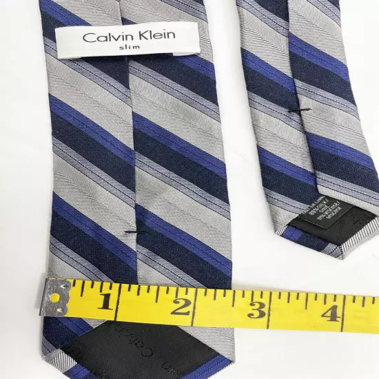 Calvin Klein Blue Silver Slim Regimental Striped Repp Silk Blend Tie 2.5" x59"