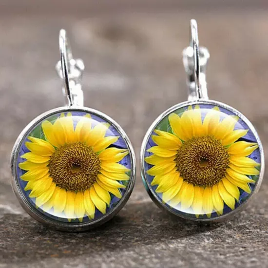 Fashion Women Silver Sunflower Glass Stone Drop Earrings Boho Charm Jewelry Gift