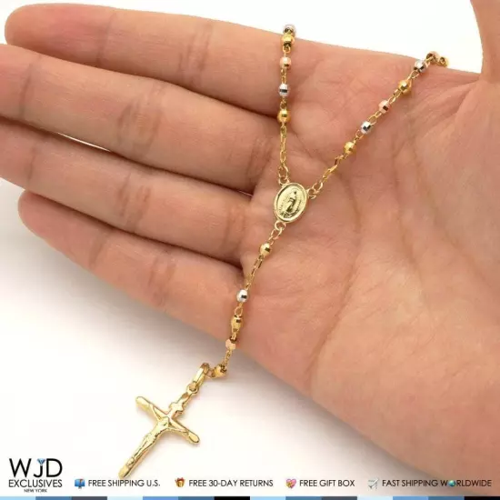 Solid 14k Yellow Gold Tri-Tone 3mm Beaded Rosary Cross Diamond Cut Necklace 18"