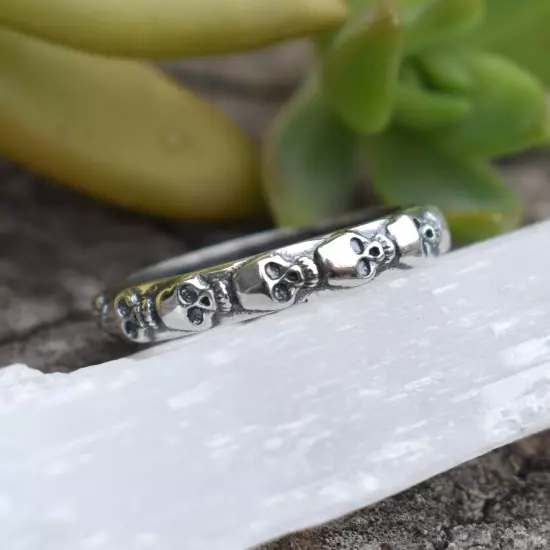 Skull Ring- Skull Eternity Band, Day of the Dead Ring, Halloween Ring, Silver Sk