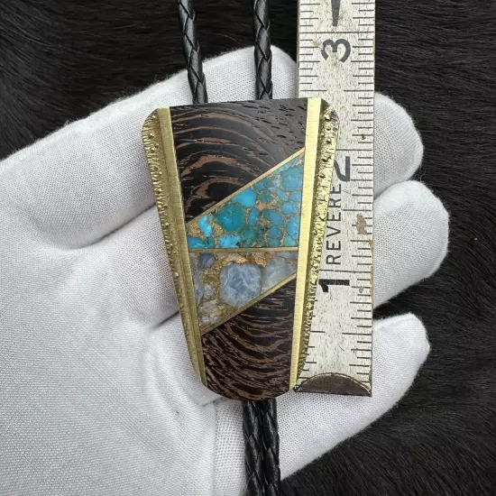 Incredible Vintage Sky West SST Brass Turquoise Gold Wood Inlay Bolo Tie ￼