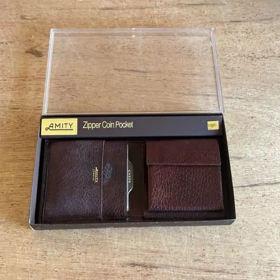 Amity Brown Leather Wallet w/Box Unused Men's Cowhide Zipper Coin Pocket Vintage