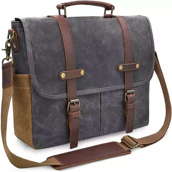 Mens Messenger Bag 15.6 Inch Waterproof Vintage Genuine Leather Waxed Canvas Bri