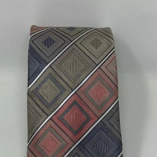 Joseph Abboud Pink Tan & Blue Diamond Print 100% Silk Tie