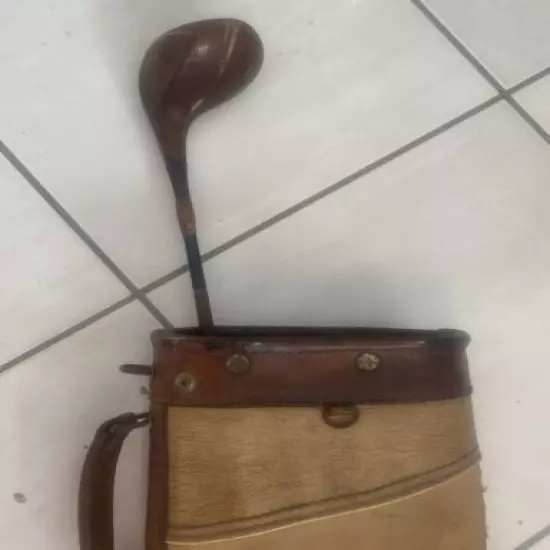 Antique Vintage Leather and Canvas Golf Bag With A Vintage Antique Wood Club