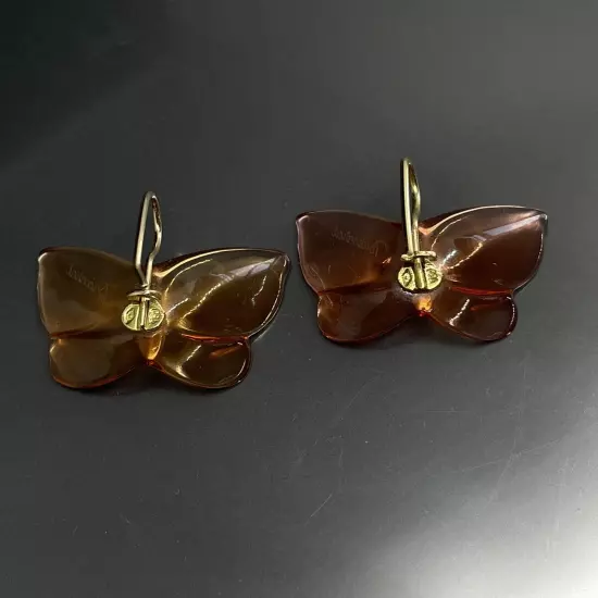 Baccarat Signed Amber Tone Crystal 750 18K Butterfly Pierced Hook Drop Earrings