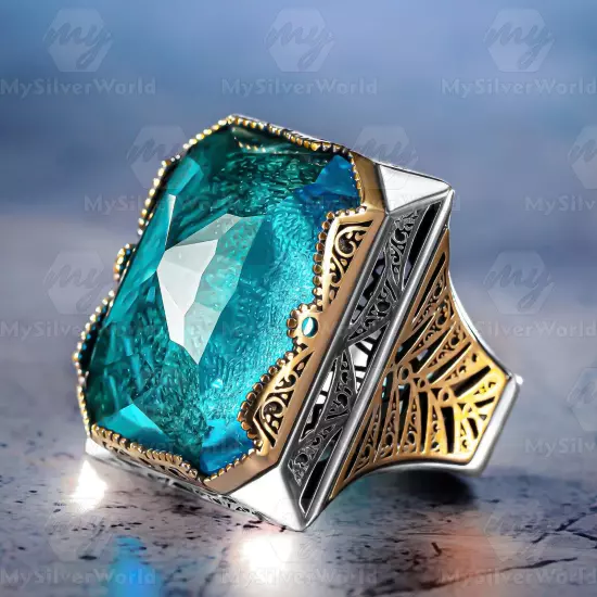 925 Sterling Silver Aquamarine Stone Turkish Huge Men's Ring