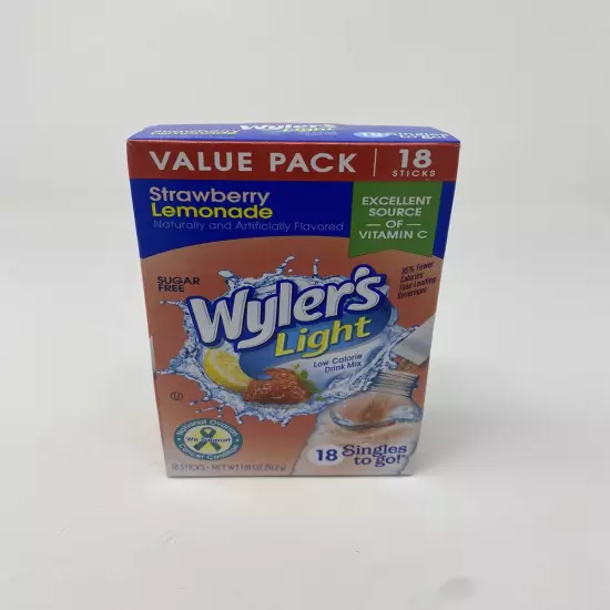 2 Wylers Light Singles to Go Sugar Free Strawberry Lemonade Drink Mix 36 Sticks