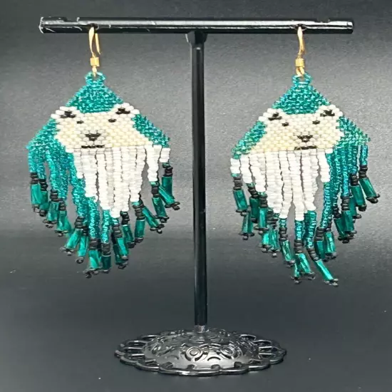 Hand Beaded Polar Bears Green Seed Bead Tasseled Dangle Earrings