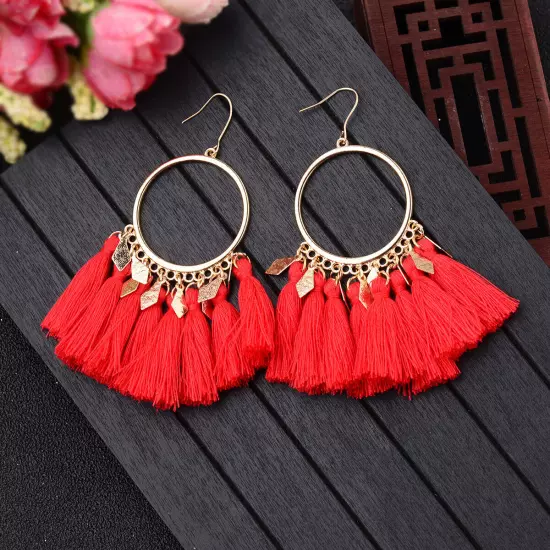 Fashion Women Bohemian Earrings Long Tassel Fringe Drop Dangle Ear Stud Jewelry