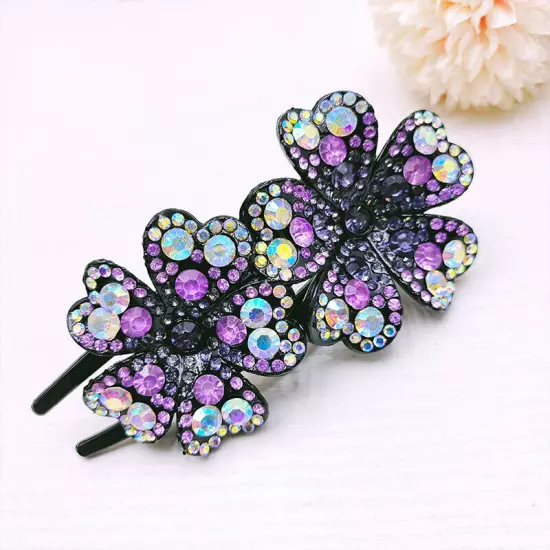 Ladies Rhinestone Double Flower Hair Clip Barrettes Crystal Comb Large Catch 1x-