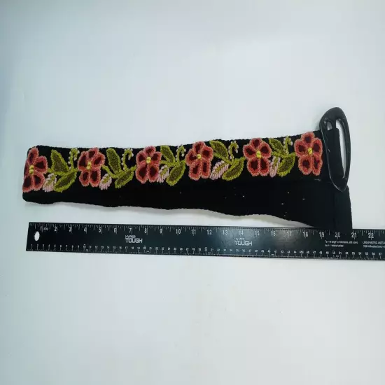 Embroidered Peru Wool BELT Black Floral Boho Hippie HORN BUCKLE Adjustable 44"