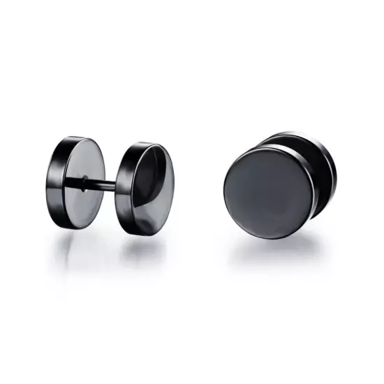 Pair Black Flat Round Barbell Plug Stud Earrings GYM MENS Stainless Steel 3-14MM