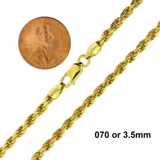 925 Sterling Silver Gold-Plated Diamond Cut Rope Chain Necklace All Sizes