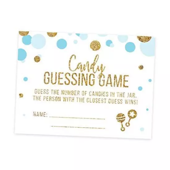 Andaz Press Light Blue Gold Glitter Boy Baby Shower Cards Candy Guessing Game