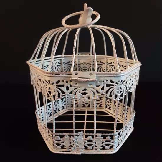 Vintage Look Metal Bird Cage Intricate Cut-Outs Bird On Top Opens At Top