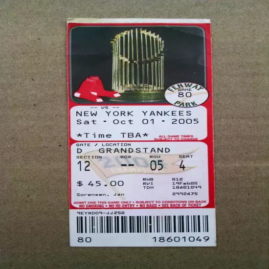 Vintage October 1, 2005 NY Yankees vs Boston Red Sox Full Ticket