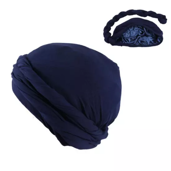 Mens Turban Head Wrap Satin Lined Head Scarf Elastic Headband Caps Halo Hijab