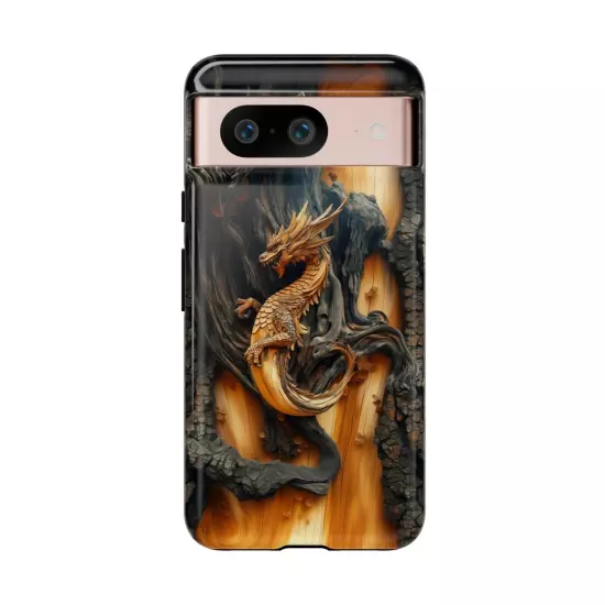 For iPhone, Samsung Galaxy, Pixel - Phone Case Cover - Carved Wood Dragon Print