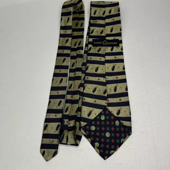 Tommy Hilfiger USA Silk Tie Gold Navy Blue Golf Bag Club Stripes Necktie Vintage