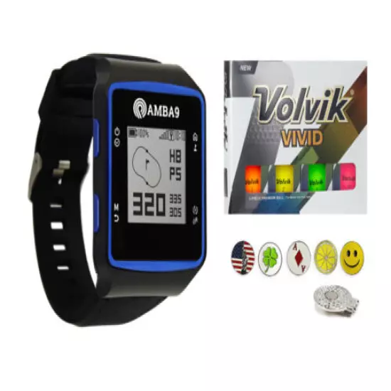 Amba9 GPS Golf Watch Bundle with 1 Dozen Volvik Golf Balls, 5 Ball Markers