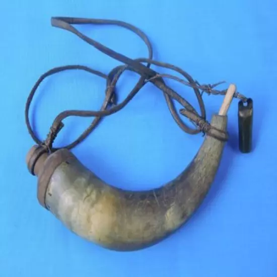 Vintage Antique Old Hunting Hunter Horn Powder Flask w/ Cup