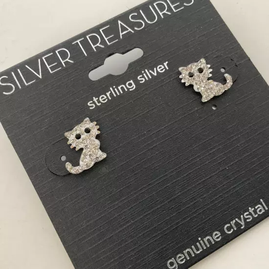 Sterling Silver Kitty Cat Post Earrings Petite Crystal Pave NEW