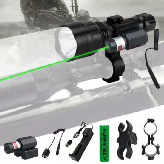 Tactical C8 8000LM LED Flashlight Hunting Torch Red Laser Dot Sight Rifle Mount 